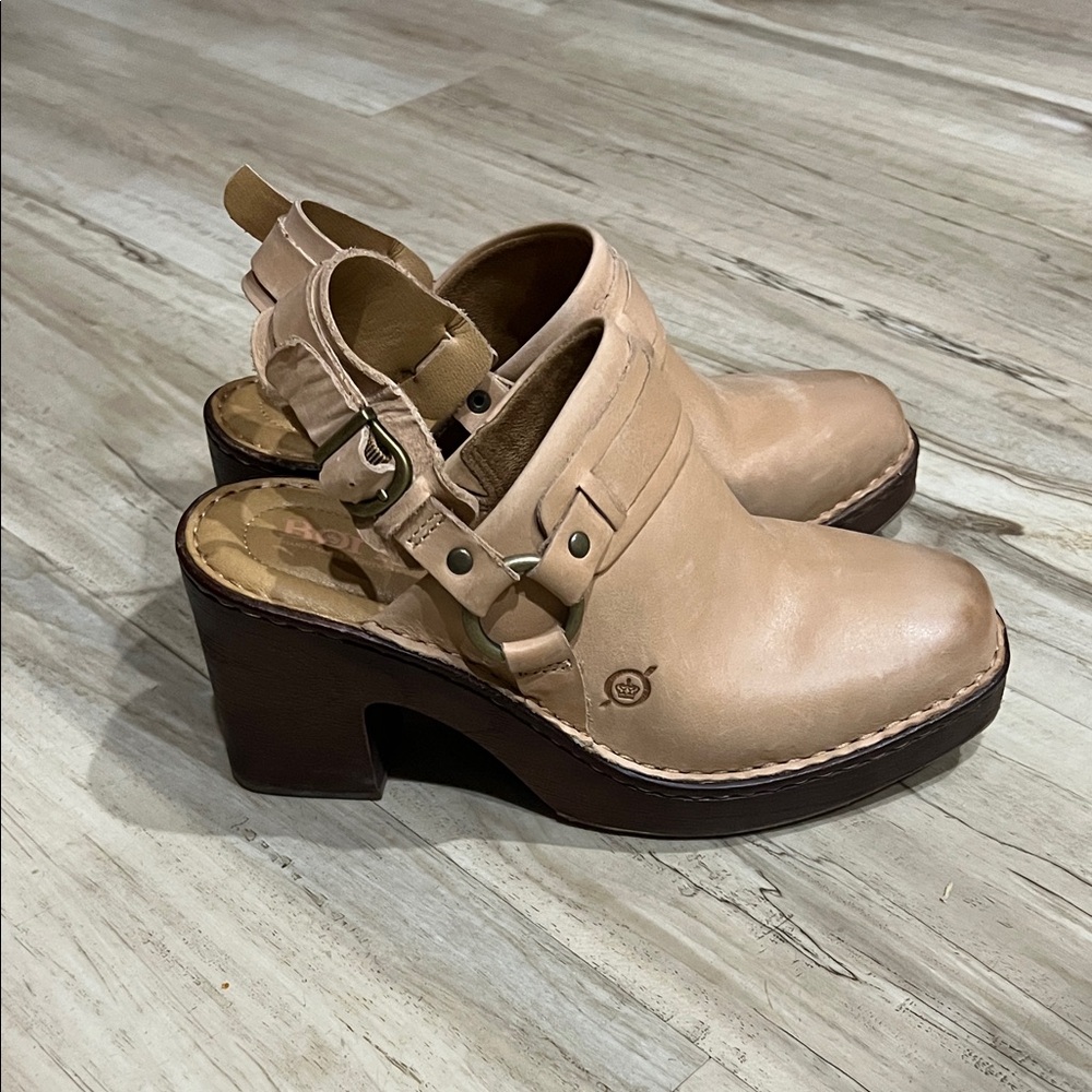 Born Nude Leather Slingback Clog Heels